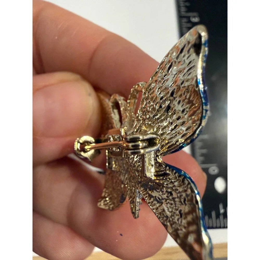 Vintage Blue Enamel‎ Butterfly Brooch Silver Tone Rhinestone Insect Pin 1.5 Inch